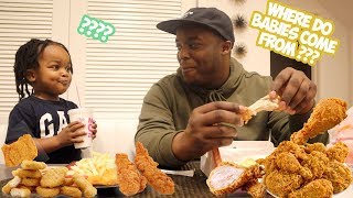 FRIED CHICKEN MUKBANG W 3 YEAR OLD    i asked my son where do babies come from [upl. by Krystyna]