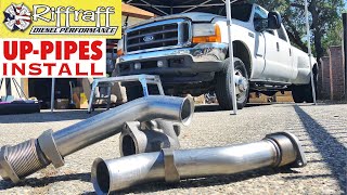 2001 F350 73  RiffRaff UpPipes Install  Stock up pipes leaking and falling apart JUNK SP [upl. by Notnelc]