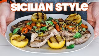 Grilled Swordfish Recipe Sicilian Style  Pan Roasted TomatoOlive Topping [upl. by Leoy]