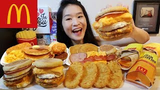 BIG MCDONALDS BREAKFAST FEAST Sausage McMuffin Biscuits Pancakes amp Wraps  Mukbang Asmr Eating [upl. by Annaiv934]