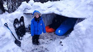 Survival Shelter Winter Camping in Blizzard  Deep Snow Camping in Alaska [upl. by Ellitnahc39]